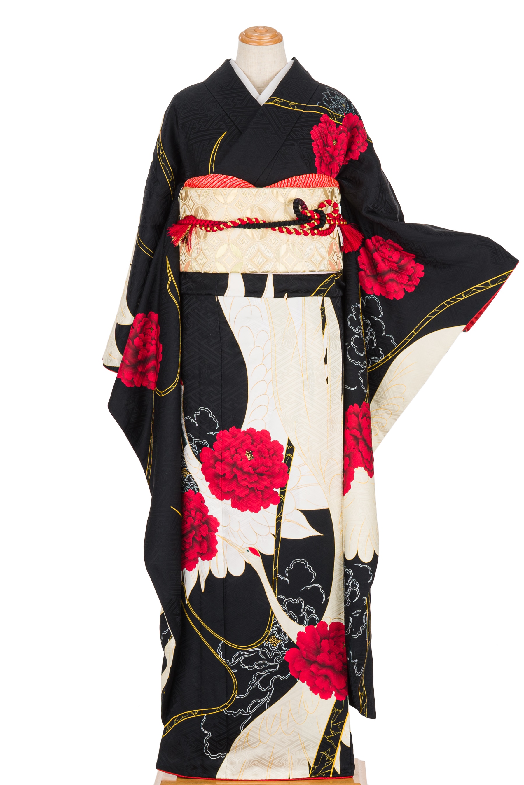 振袖 鶴と牡丹 トールサイズ - からん::アンティーク着物・リサイクル 