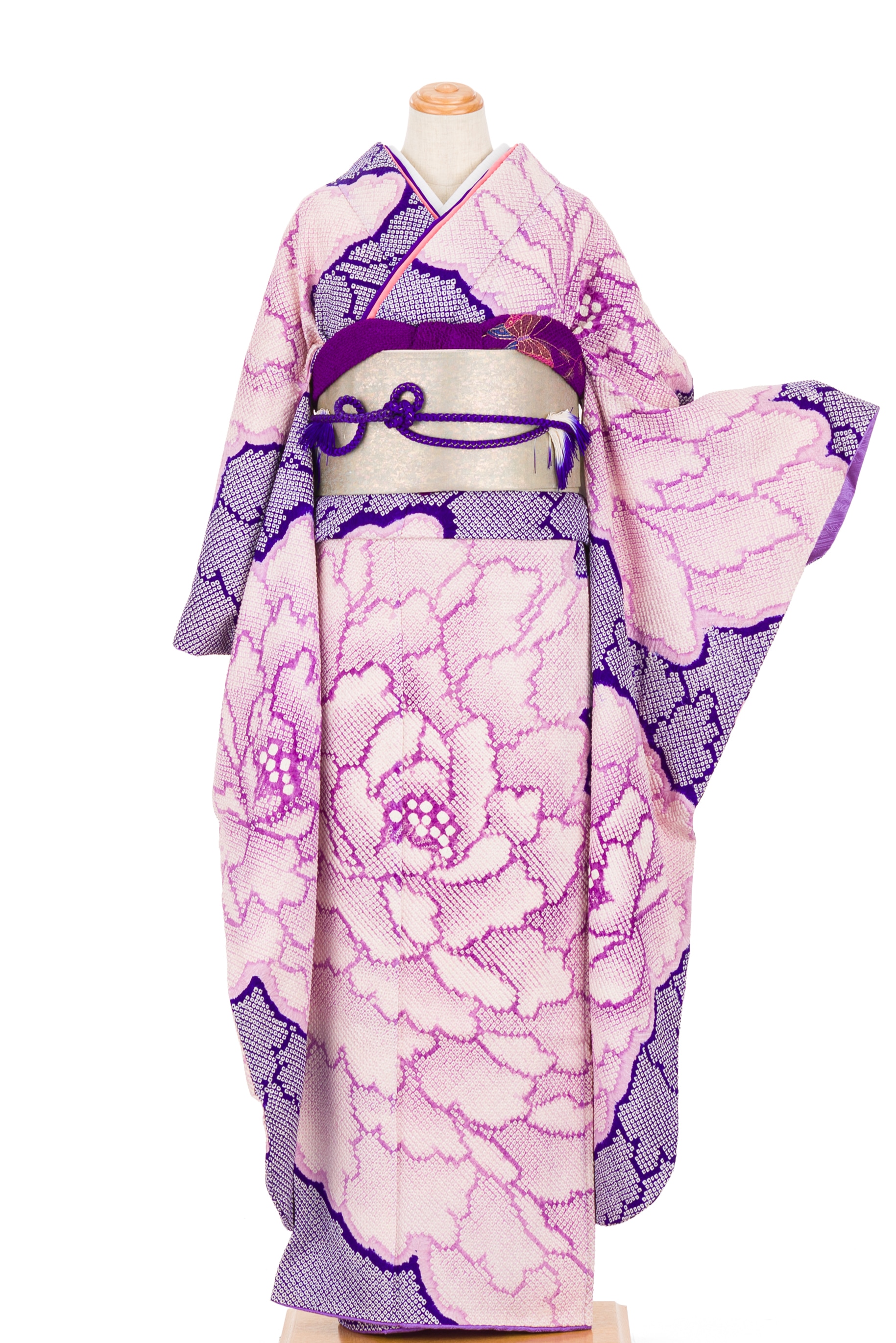 振袖 総絞り 紫牡丹 - からん::アンティーク着物・リサイクル着物の